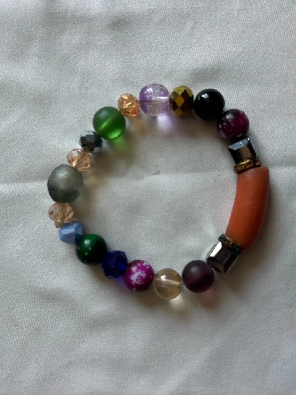 Multicolor Beaded Stretch Bracelet with Orange Accent
